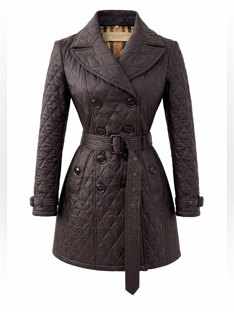 Burberry | Black Quilted Double Breasted Trench Coat Belted Jacket Check Small